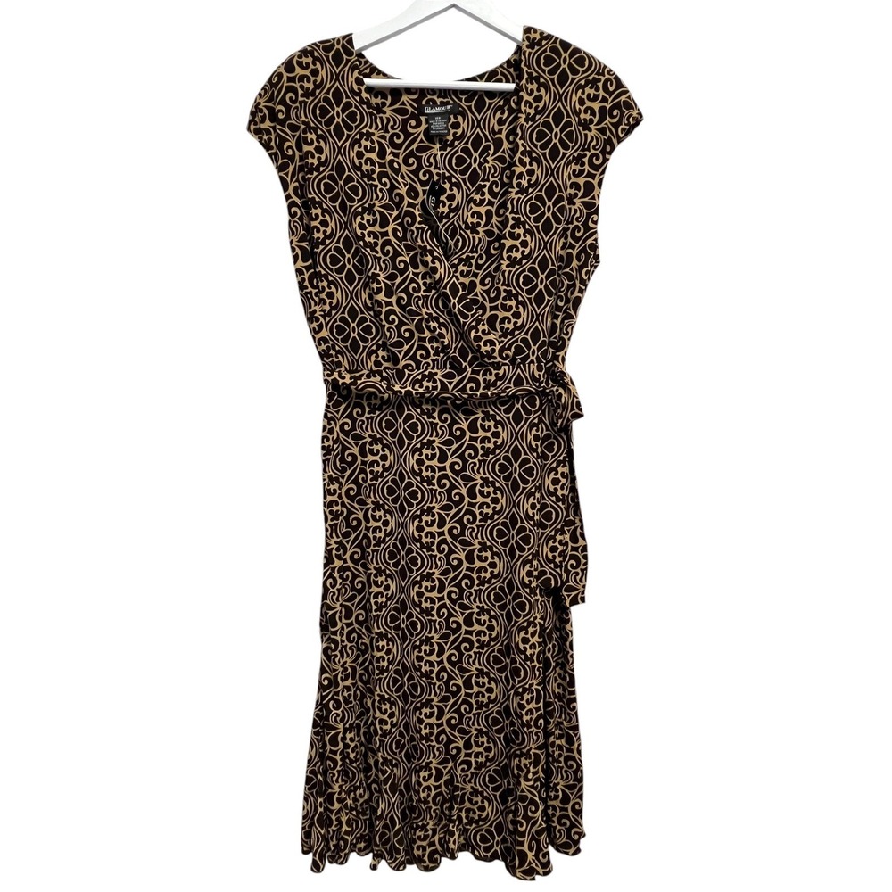 Glamour Faux Wrap Dress Womens‎ 14W Black Gold Scroll Print Midi Cap Sleeve New
